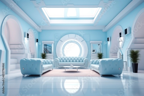 A professional and eye catching light blue with white living room in the metaverse. AI Generative