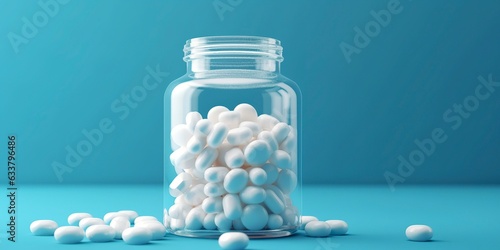 White pills from plastic medicine bottles on blue background with copy space. Medicine and health concept. 3d rendering. AI Generative