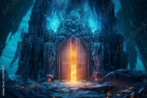 Fantasy night landscape with magical power  ancient stones with magical power and light  runes. Passage to another world  magic door  light  neon. 