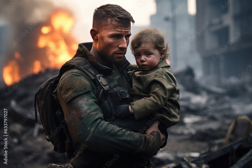 Brave soldier tenderly holds a small child in their arms Brave soldier tenderly holds a small child in their arms