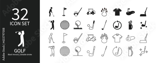 Icon set related to golf and its equipment