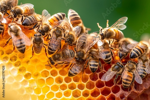 Honey bees on honeycomb in apiary in summertime, Honey bees communicate with each other, 