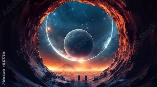 Portal to another world. Futuristic cosmic landscape with circle tunnel in starry sky. Gate in space futuristic background with galaxy and nebula.  photo