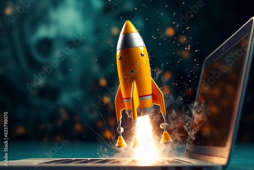Launching a new product or service. Technology development process. Space rocket launch. 3d render. Yellow rocket lift up from the display laptop.  photo