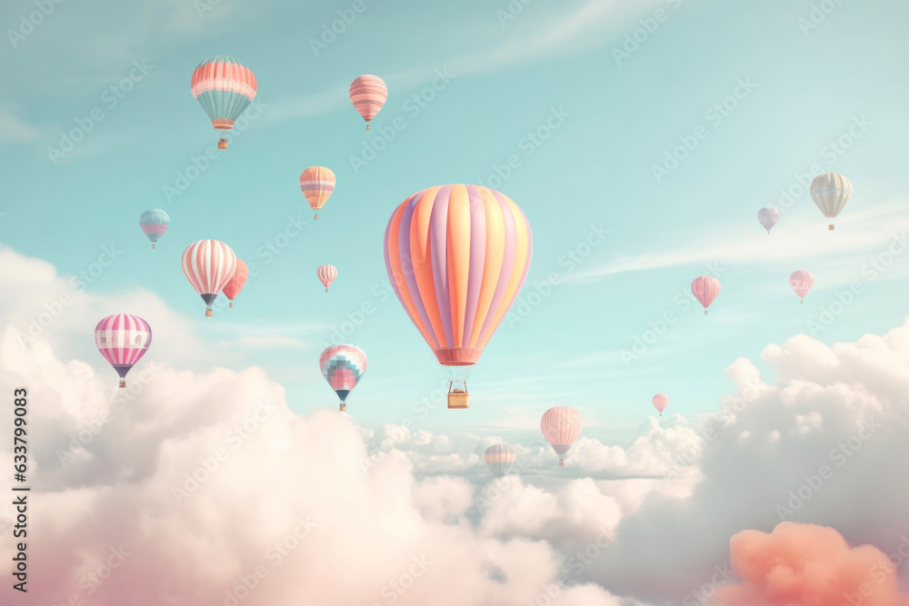 Colorful air balloons among the clouds in the blue sky. Dreamlike landscape in pastel colors Colorful air balloons among the clouds in the blue sky. Dreamlike landscape in pastel colors