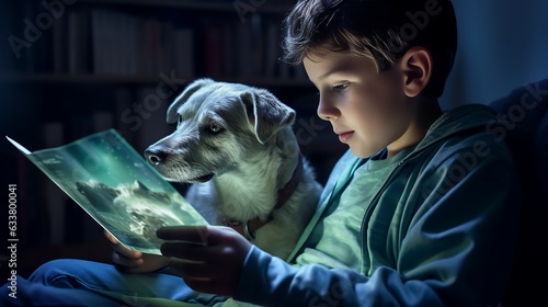 Boy and dog looking at futuristic book generative AI