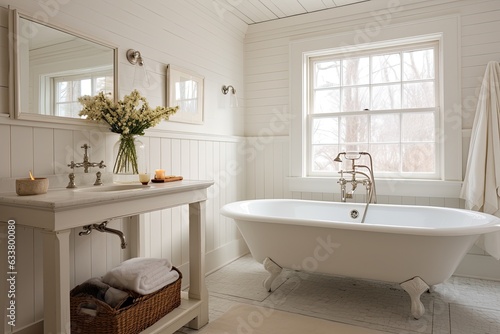 Farmhouse style a cozy white bathroom.