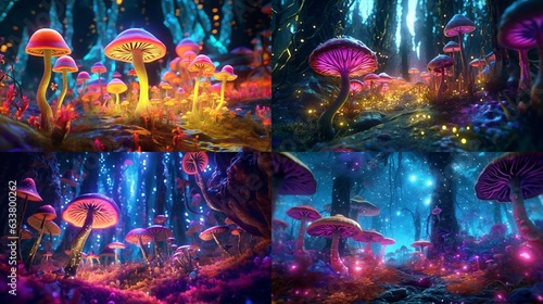 a psychedelic forest filled with magical glowing mushr.Generative AI