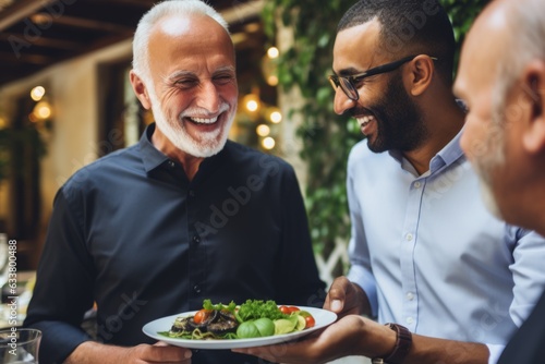 Happy multi-ethnic celebration vegetarian vegan food diverse friends party restaurant dinner lunch chef. Happiness people smiling laughing cafe friendship joy enjoyment relaxation diversity outdoors