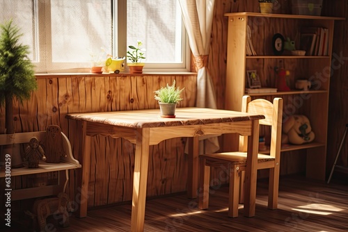Empty table made of wood inside a nursery room.