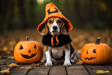 A Beagle dog wearing a Halloween costume 