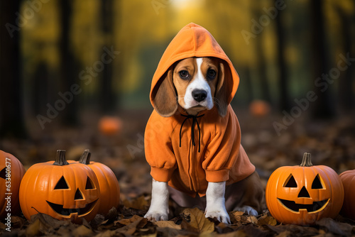A Beagle dog wearing a Halloween costume 
