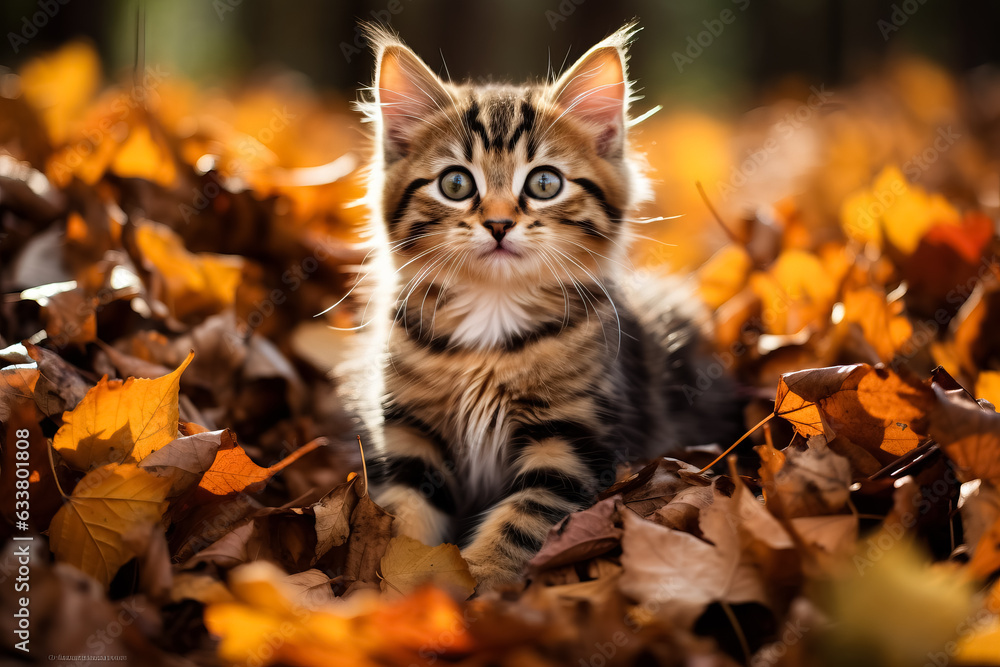A kitten playing in a pile of leaves  - obrazy, fototapety, plakaty 