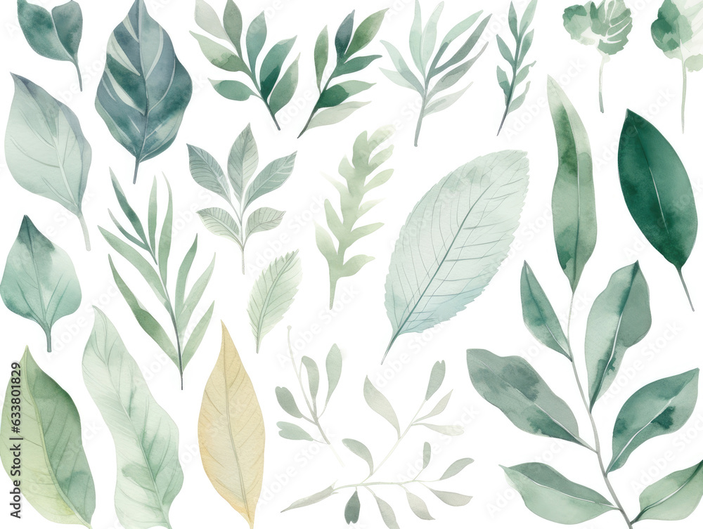 Ai Generated Art A Watercolor Painting of Different Leaves of Diverse Shapes and Forms against the white background