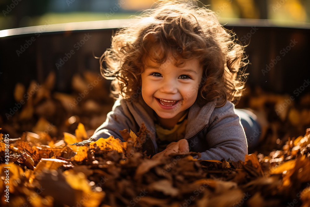 A toddler playing in a pile of leaves A toddler playing in a pile of leaves