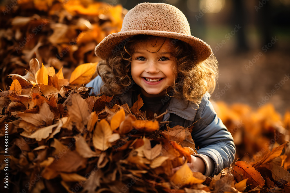 A young girl playing in a pile of leaves A young girl playing in a pile of leaves