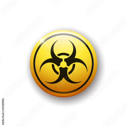 Realistic glossy button with biohazard icon. 3d vector element of yellow color with shadow underneath. Best for mobile apps, UI and web design.