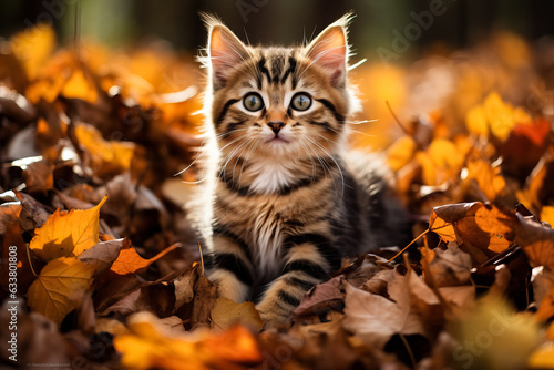 A kitten playing in a pile of leaves  photo