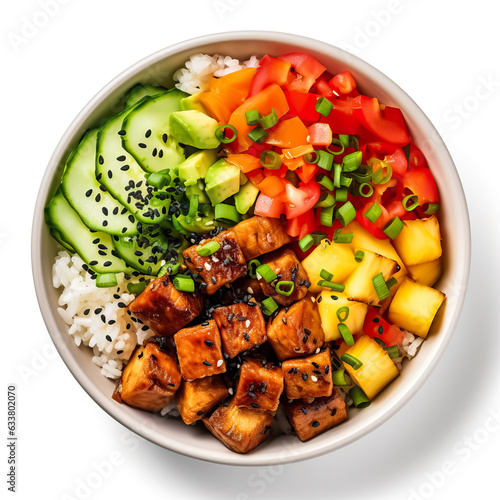 Hawaiian poke bowl with tofu isolated on white background top view 
