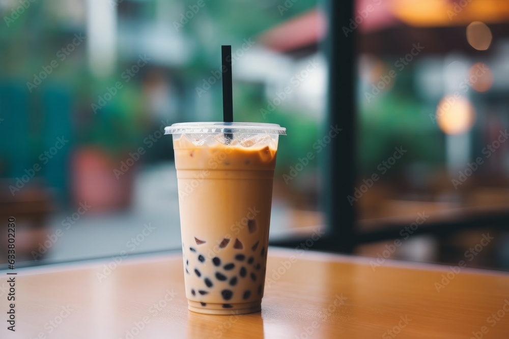 A clear plastic glass filled with light brown milk iced tea, a black straw, and black bubble jelly at the bottom, situated on a wooden table. A clear plastic glass filled with light brown milk iced tea, a black straw, and black bubble jelly at the bottom, situated on a wooden table.