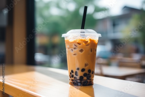 Milk iced tea, colored a subtle shade of brown, in a see-through plastic glass, accessorized with a black straw, and black bubble jelly settled at the base, all placed atop a wooden table.