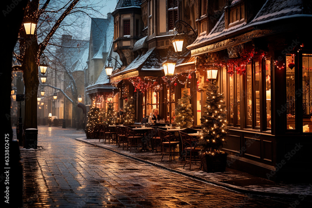 Generative AI image of exterior of decorated restaurant in building ground floor with Christmas trees glowing lights lamps while tables chairs placed on sidewalk of wet paved road during evening