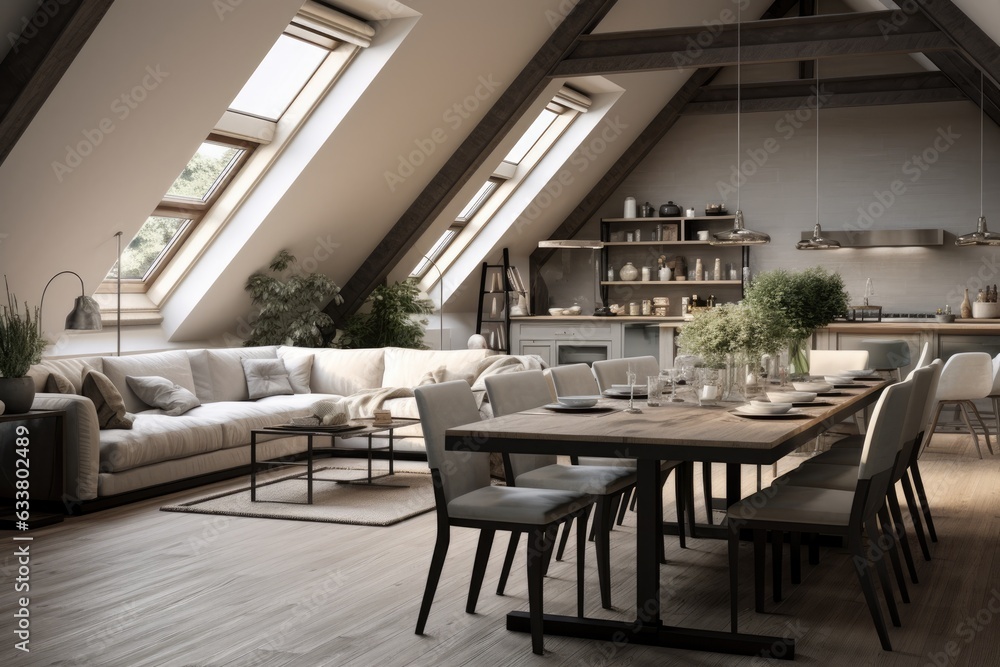 dining room in attic with gray walls, long table, sofa and armchair in living room, and kitchen on the right.