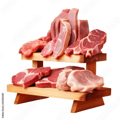 Front view of meat on wooden shelf