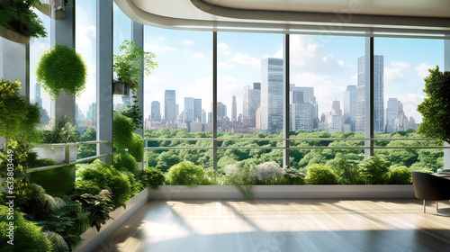 View of the green city, skyscrapers, park and roof gardens behind the panoramic windows. Green garden on the balcony, terrace of a minimalist apartment. Eco-friendly interior concept © Garnar