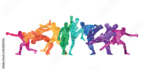 Freestyle wrestling, boxing, kickboxing, muay thai, karate, taekwondo, mixed martial arts vector colorful people silhouettes. Wrestlers, boxers, karatekas.