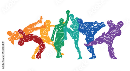 Freestyle wrestling, boxing, kickboxing, muay thai, karate, taekwondo, mixed martial arts vector colorful people silhouettes. Wrestlers, boxers, karatekas.