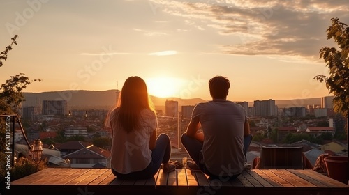 Foto Rear view of young friends sitting together on rooftop at sunset