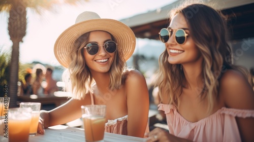 Beautiful woman with friend drinking cocktails at a summer bar during the day. Generative AI