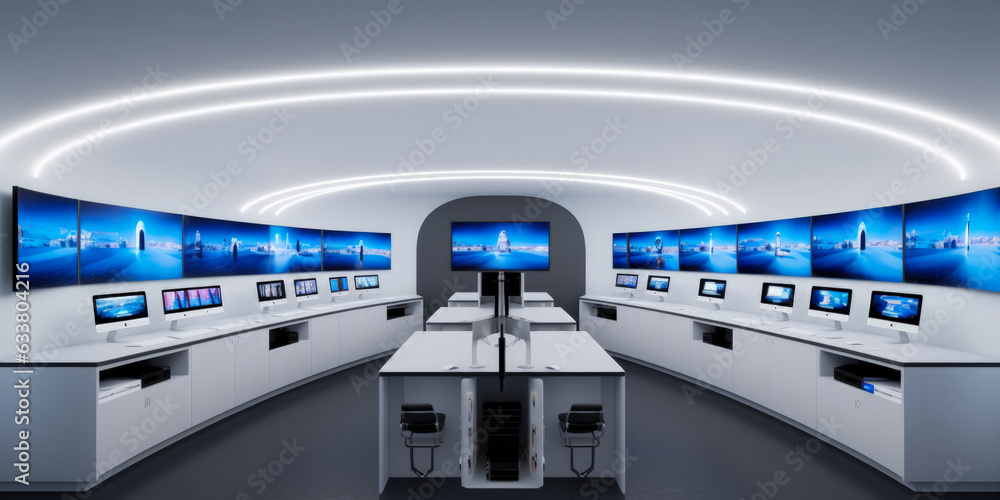Futuristic modern office. Business corporation room - Generative AI Futuristic modern office. Business corporation room - Generative AI