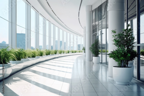 Sunlight fills the spacious, airy rooms. Biophilic design in a minimalist, white interior with plants. View of the city from the panoramic windows. Ecological, green and modern interior concept