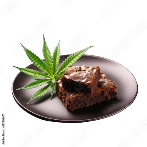 Cannabis infused brownie on transparent background plate with isolated bud on transparent background marble backdrop