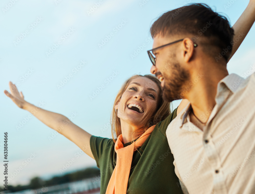 woman outdoor man couple outside happy lifestyle young romance together love summer fun happiness caucasian smiling romantic beautiful dating relationship travel vacation portrait freedom carefree