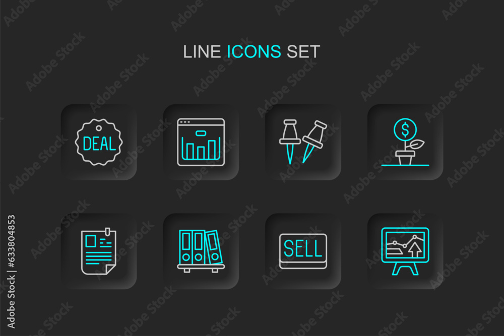 Set line Monitor with graph chart, Sell button, Office folders, Resume, Dollar plant, Push pin, Browser stocks market and Deal icon. Vector Set line Monitor with graph chart, Sell button, Office folders, Resume, Dollar plant, Push pin, Browser stocks market and Deal icon. Vector