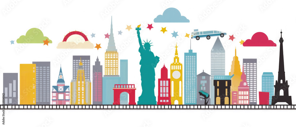United States Landmarks Skyline Silhouette Style, Colorful, Cityscape, Travel and Tourist Attraction - Generative AI