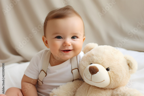 Portrait of pretty smiling baby and teddy bear lying in the bed. Just beautiful baby with head up looking with her big eyes.