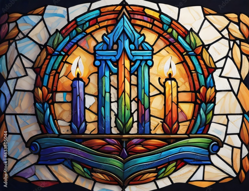 Image of a Hanukkah menorah emblem featuring colored stained glass, suitable for Jewish holiday Hanukkah greeting cards. Created with generative AI tools