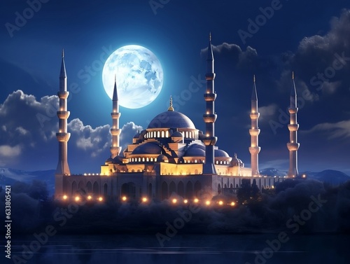 Beautiful blue mosque under a full moon generative ai