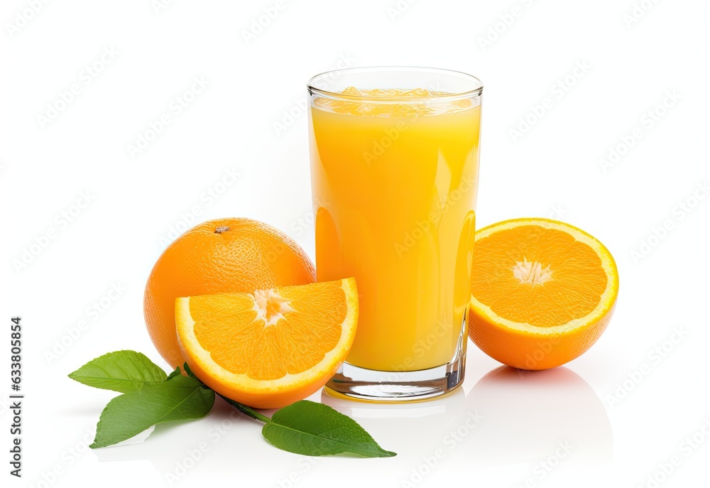 Orange juice in glass with sliced fresh fruit isolated on white background Orange juice in glass with sliced fresh fruit isolated on white background