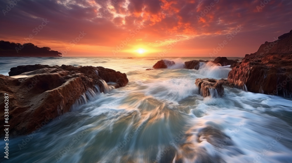 Intense couleurs au coucher de soleil sur la plage, pose longue, écume des vagues dans les rochers