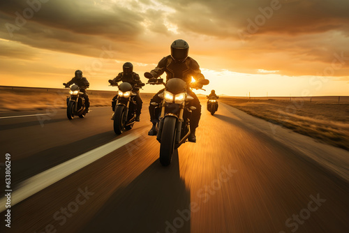 Group of young bikers man riding speed motorcycle on empty motion road against beautiful golden sunset with dusky sky. Motorbike sports riding fast and having fun driving. © PrettyStock
