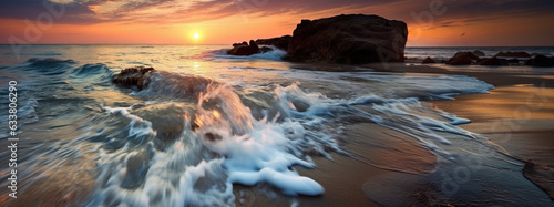 Intense couleurs au coucher de soleil sur la plage, pose longue, écume des vagues dans les rochers