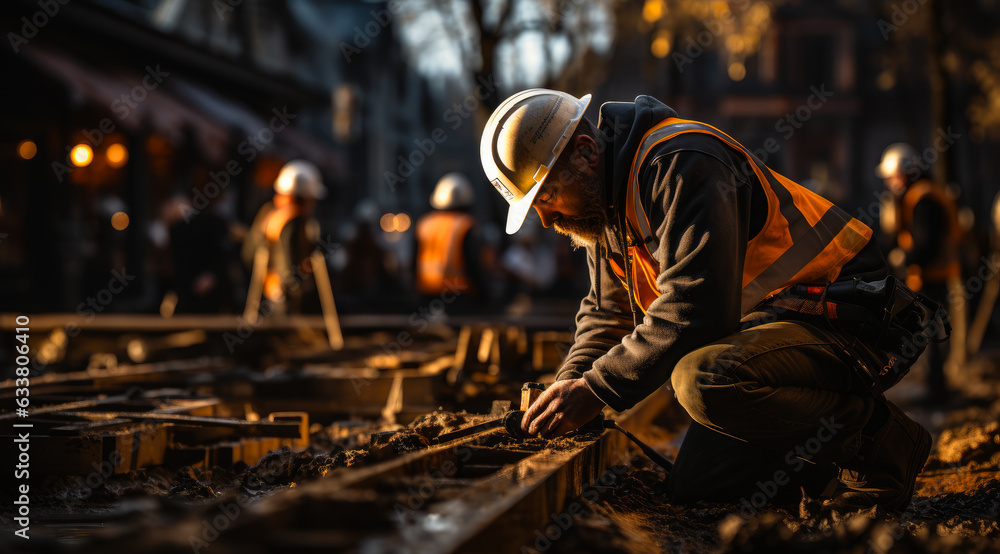 Workman wearing uniform and hard hat squatted using tools. Foreman building metal base of construction. Workman wearing uniform and hard hat squatted using tools. Foreman building metal base of construction.