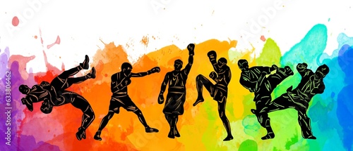 Freestyle wrestling, boxing, kickboxing, muay thai, karate, taekwondo, mixed martial arts colorful people silhouettes. Wrestlers, boxers, karatekas.