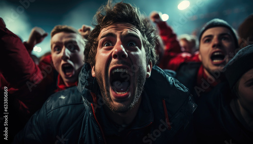 facial expression while cheering on important football matches in a large and famous football stadium.generative ai