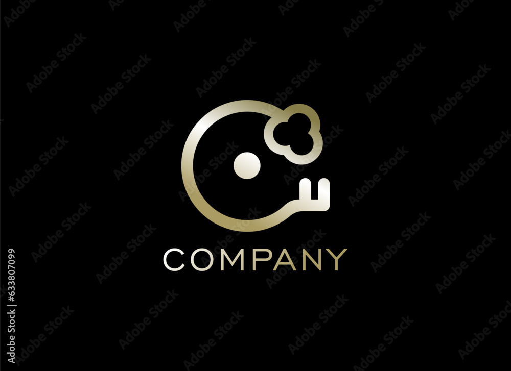 Abstract Letter C Key Logo. Gold Geometric Shape Letter C with Key Icon isolated one Black background. Usable for Business and Branding Logos. Flat Vector Logo Design Template Element Abstract Letter C Key Logo. Gold Geometric Shape Letter C with Key Icon isolated one Black background. Usable for Business and Branding Logos. Flat Vector Logo Design Template Element